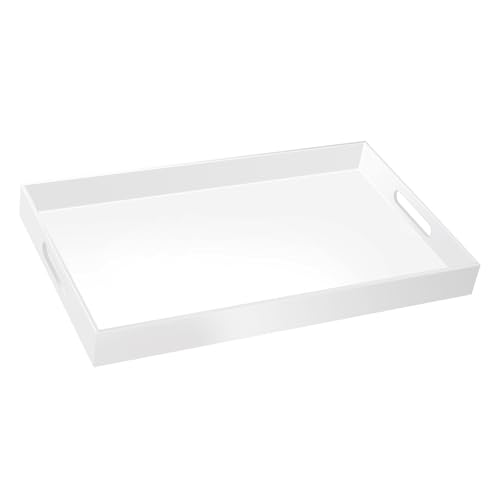 18×16 Inch Glossy White Acrylic Serving Tray with Handles Extra Large Ottoman Tray Decorative Tray Spill