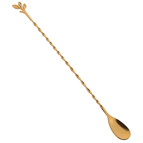 Gold 12 Inch Stainless Steel Cocktail Spoon with Leaf Handle