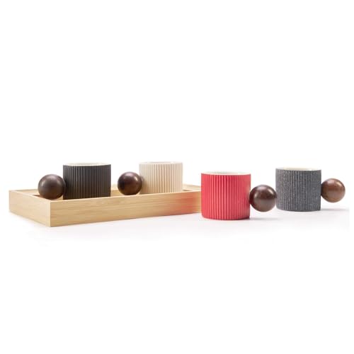 Ceramic Mini Espresso Cups Demitasse Cups with Round Wooden Handle Vertical Stripes Tea Cups (2 Count)