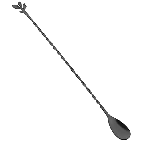 Black 12 Inch Stainless Steel Cocktail Spoon with Leaf Handle