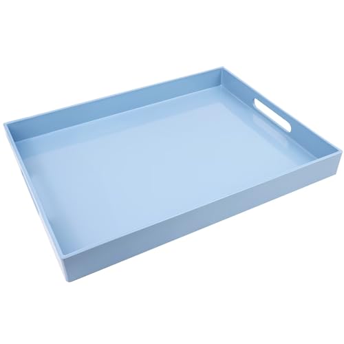 Blue Plastic Serving Tray with Handles for Coffee Table