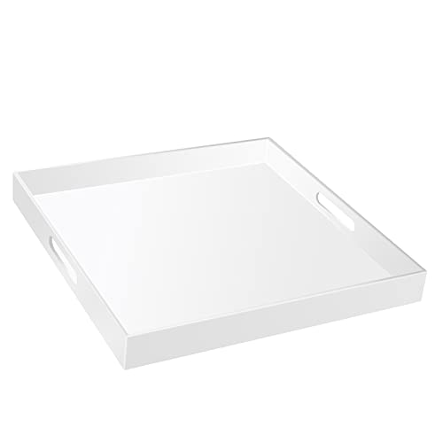 18×18 Inch Golssy White Acrylic Serving Tray with Handles Extra Large Ottoman Tray Decorative Tray Spill