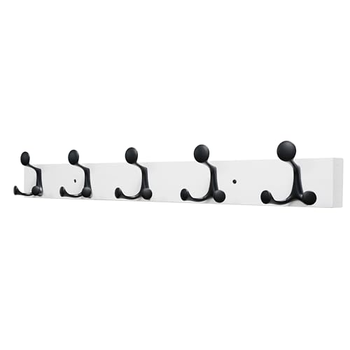 30 Inch White Wood Coat Rack Wall Mount with 5 Triple Hooks