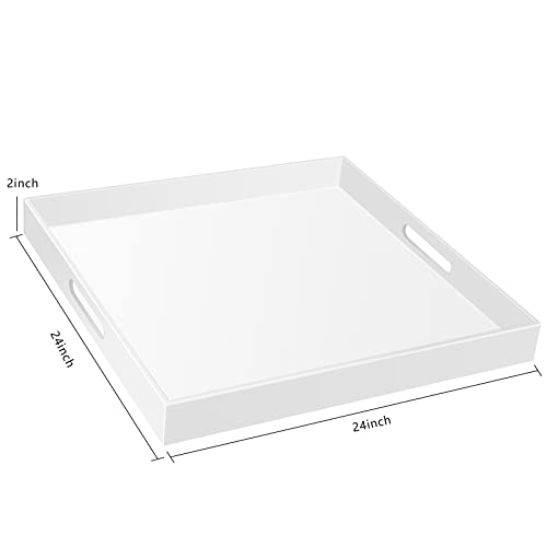 24×24 Inch Golssy White Acrylic Serving Tray with Handles Extra Large Ottoman Tray Decorative Tray Spill