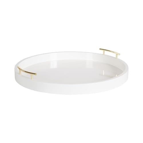 Lipton Modern Round Ottoman Tray; 22 Inch Diameter; White and Gold; Decorative Circle Coffee Table Tray for Living Room Decor or Large Serving Tray