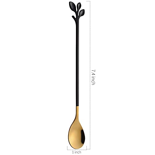 6 Piece Elegant Black & Gold Leaf Long Handle Teaspoons (6 Count)