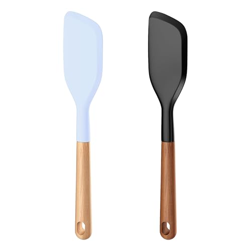 Wooden Handle Silicone Rubber Spatula Set for Kitchen Baking (2 Count)