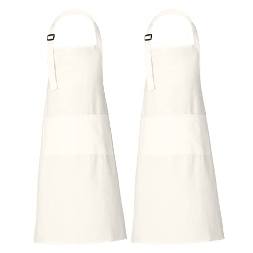 Chef Apron for Women Men with Pockets Cotton Kitchen Cooking Full Length Plain Aprons Marshmallow 35x27 Inches