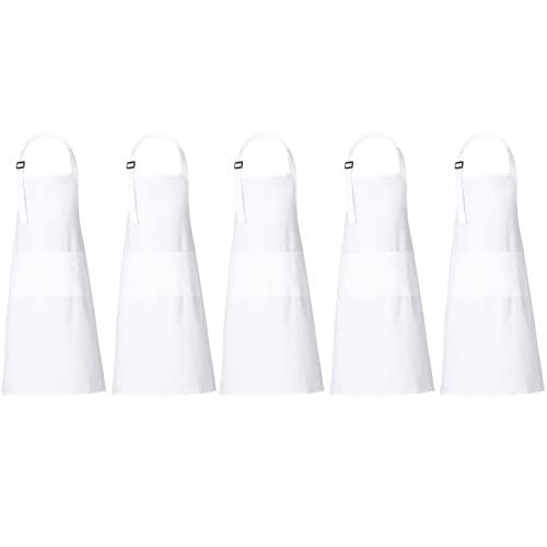 100% Cotton White Apron with 3 Pockets Chef Restaurant Kitchen BBQ Backing Cooking Painting and Crafting Aprons Pack of 5 (5 Count)