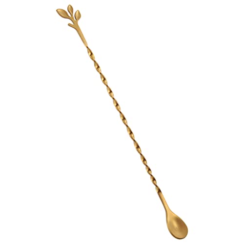 Gold 10 Inch Stainless Steel Cocktail Spoon with Leaf Handle