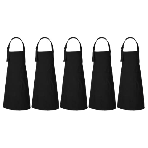 RAJRANG Black Apron Chef for Men and Women with Pockets Cotton Kitchen Cooking Full Aprons 35x27 Inches Pack of 5 (5 Count)