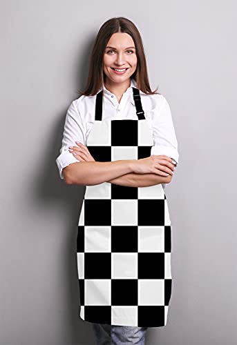 Black and White Art Design Checkered Bib Apron with Adjustable Neck for Men Women