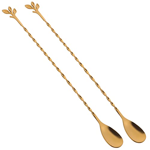 Gold 12 Inch Stainless Steel Cocktail Spoon with Leaf Handle (2 Count)
