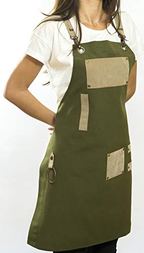 Chef Unisex Waterproof Gardening Apron for Women Men Barista Barbers Hairdresser Crossback Adjustable Cotton Canvas Green