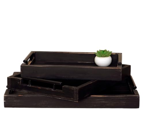 3Pc Rustic Black Vintage Nested Wood Serving Trays