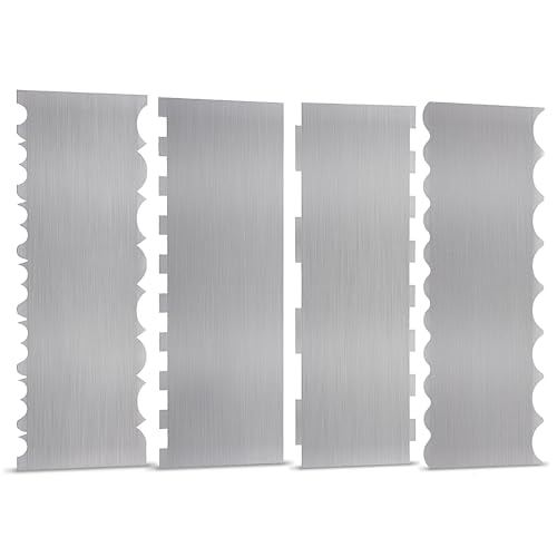 4 Pieces Stainless Steel Cake Scraper 10 Inch and Sided Patterned Edge Stripe Edge Smoother Scraper Cake Decorating Comb Cake Pastry Cutter for Mousse Butter Cream Cake Decoration (4 Count)