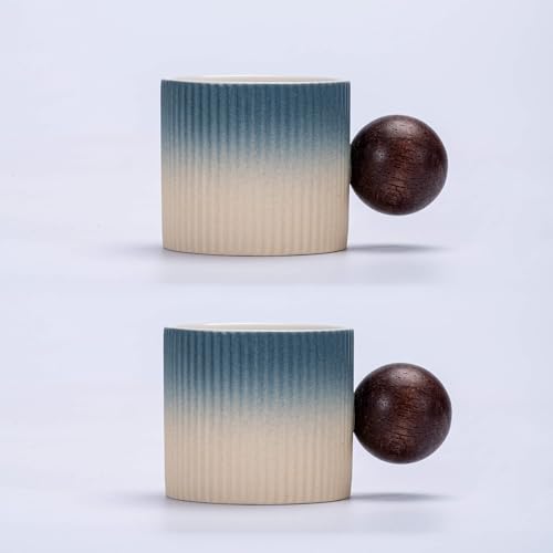 Ceramic Mini Espresso Cups Demitasse Cups with Round Wooden Handle Vertical Stripes Tea Cups (2 Count)