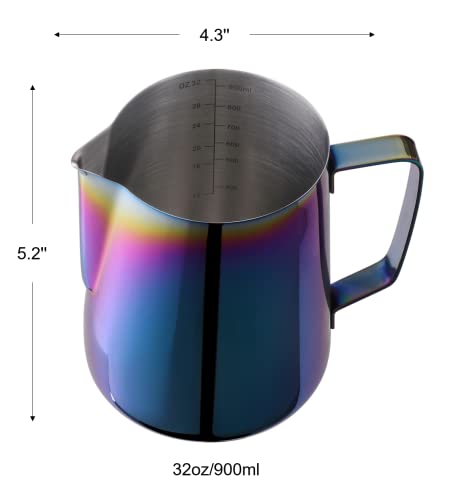 Milk Frothing Pitcher 32oz Stainless Steel Cup Double Measurement Scale Perfect for Latte Art Frother SUS304 Steaming 900ML Rainbow