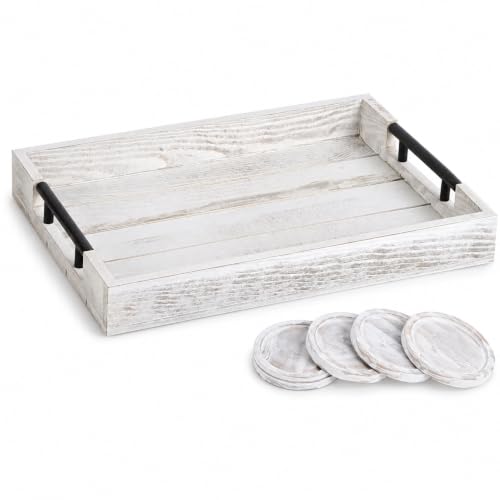Whitewashed Wooden Serving Tray with Black Metal Handles and 4 Coasters