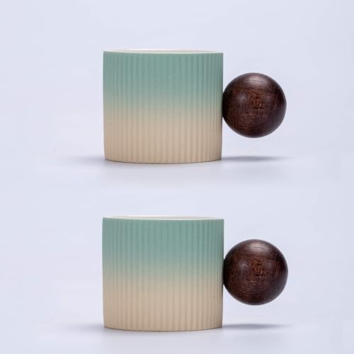 Ceramic Mini Espresso Cups Demitasse Cups with Round Wooden Handle Vertical Stripes Tea Cups (2 Count)