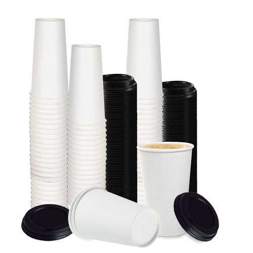White Disposable Paper Coffee Cups with Lids (50 Count)