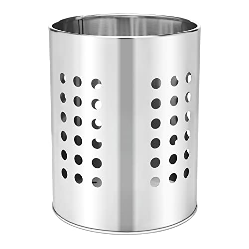 Stainless Steel Kitchen Utensil Holder Flatware Cylinder Silverware Draining Organizer Drying Rack with Round Drain Holes for Forks