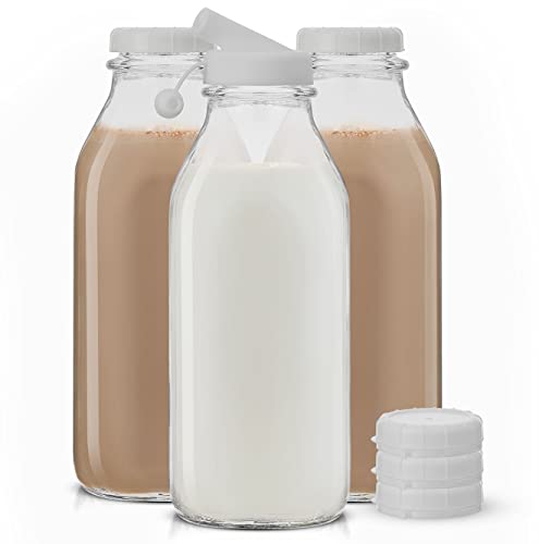 Glass Milk Bottles with Lids and Pourer (3 Count)