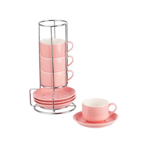 2.5 Ounce Stackable Espresso Cups with Saucers and Metal Stand (4 Count)