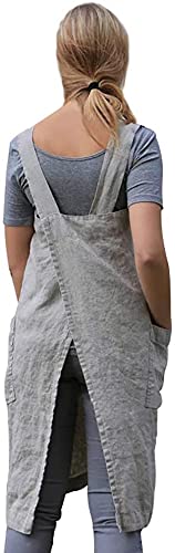 D Cotton Linen Apron Cross Back Apron for Women with Pockets Pinafore Dress for Baking Cooking
