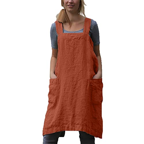 Cotton Linen Apron Cross Back Apron for Women with Pockets Pinafore Dress for Baking Cooking
