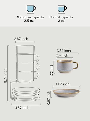 2.5oz Stackable Espresso Cups Set of 4 with Saucers & Stand (8.25 Count)