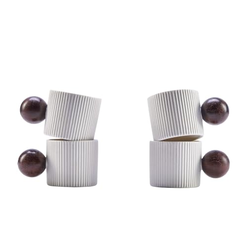 Ceramic Mini Espresso Cups Demitasse Cups with Round Wooden Handle Vertical Stripes Tea Cups (4 Count)