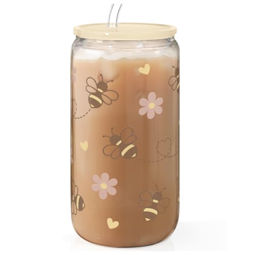 Bee 16oz Can Glass Tumbler with Acrylic Lid & Straw