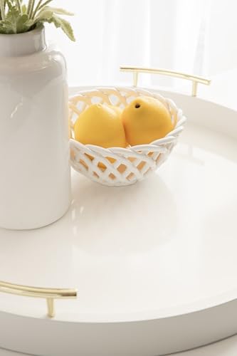 Lipton Modern Round Ottoman Tray; 22 Inch Diameter; White and Gold; Decorative Circle Coffee Table Tray for Living Room Decor or Large Serving Tray