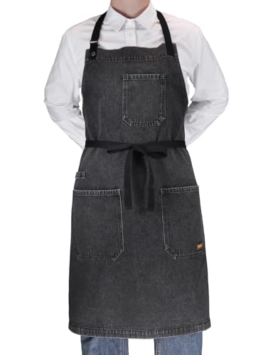 Black Denim Kitchen Cooking Apron with Pockets for Men Women