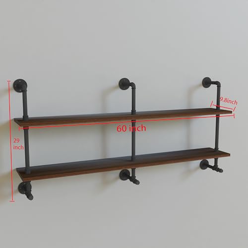 Industrial Pipe Wall Shelves Pipe Shelving with Real Wood Plank 60 Inches
