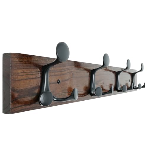24 Inch Walnut Wood Coat Rack Wall Mount with 4 Triple Hooks
