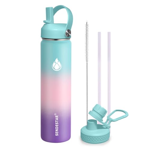 Stainless Steel Wide Mouth Water Bottle 24oz Double Wall Vacuum Insulated Leak Proof Bottle with New Flex Straw Lid & Spout Lid