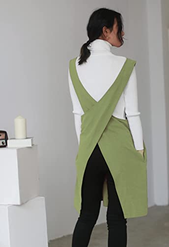 Cotton Linen Apron Halter CrossBack Bandage Aprons Japanese Style X Shape Pocket