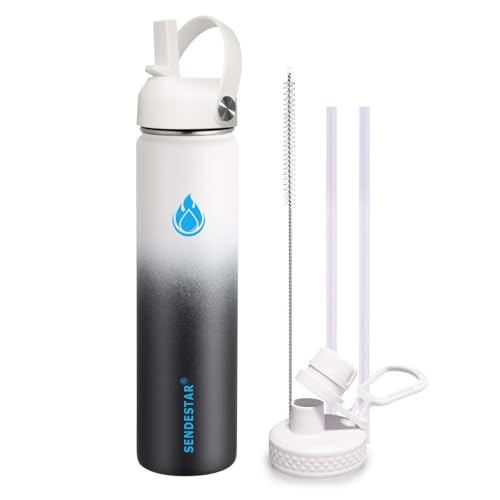 Stainless Steel Wide Mouth Water Bottle 24oz Double Wall Vacuum Insulated Leak Proof Bottle with New Flex Straw Lid & Spout Lid