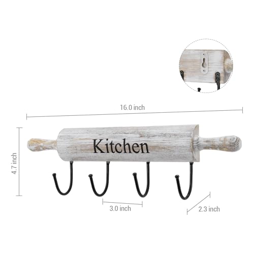White Washed Wood Kitchen Utensil Rack with 4 Hooks