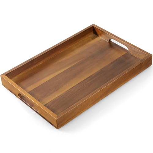 15 Inch Acacia Wood Serving Tray with Handles