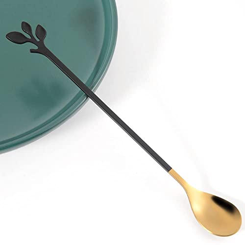 6 Piece Elegant Black & Gold Leaf Long Handle Teaspoons (6 Count)