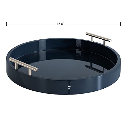 Lipton Modern Round Tray; 15.5 Diameter; Navy and Silver; Decorative Accent Tray for Storage and Display