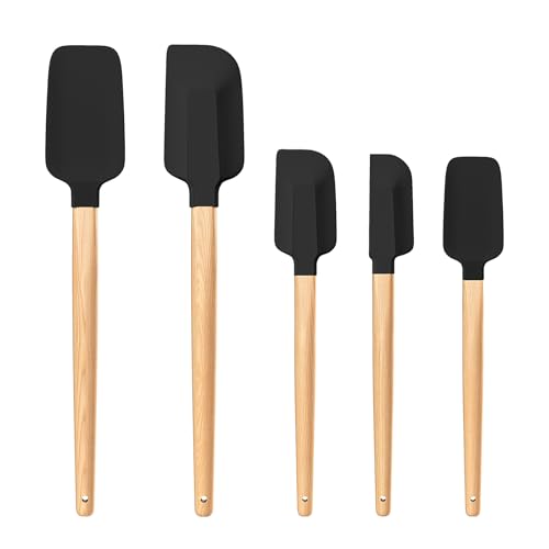 Wooden Handle Silicone Rubber Spatula Set 5 Piece for Kitchen Baking (5 Count)