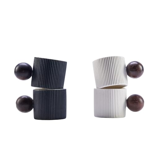Ceramic Mini Espresso Cups Demitasse Cups with Round Wooden Handle Vertical Stripes Tea Cups (4 Count)