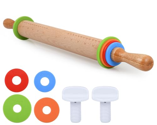 Rolling Pin with 4 Adjustable Thickness Rings and Long Handle 13.6 Inch Wooden Dough Roller for Baking