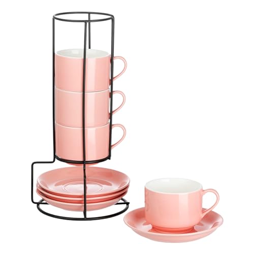8 Ounce Porcelain Stackable Cappuccino Cups and Saucers Set of 4 (4 Count)