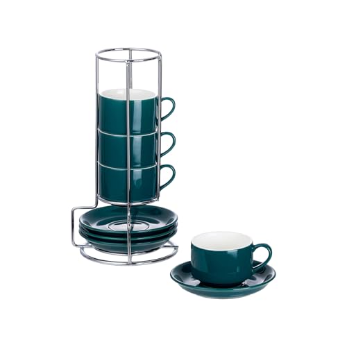 2.5 Ounce Stackable Espresso Cups with Saucers and Metal Stand (4 Count)