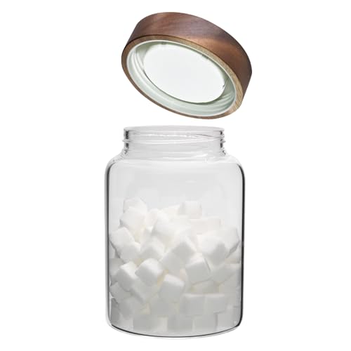 Airtight Glass Jars with Wooden Lid Round Spice Jar Clear Glass Food Storage Jar Canister with Screw Lid for Coffee Ground Bean Candy Pantry Sugar Tea Cookies Bath Salts